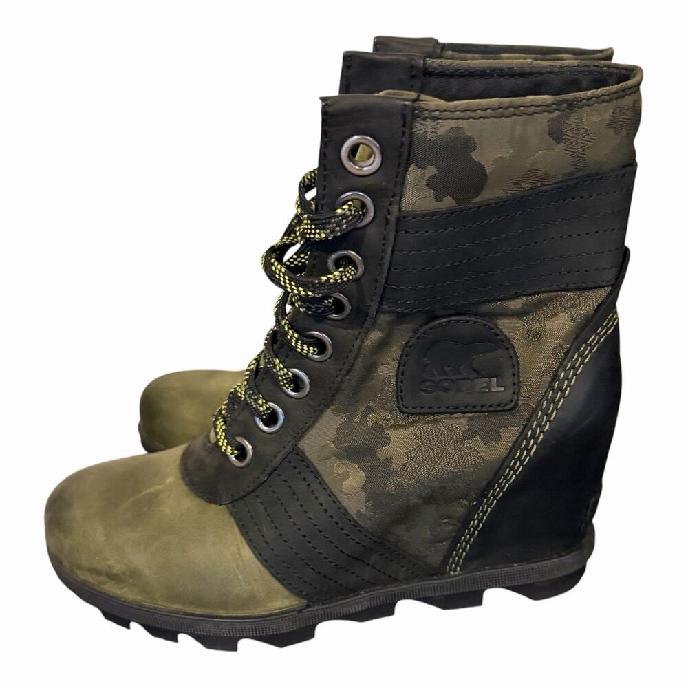 Sorel Lexie Hidden Wedge Ankle Boots Booties Green Camo  Womens Size 7.5 - Picture 2 of 8